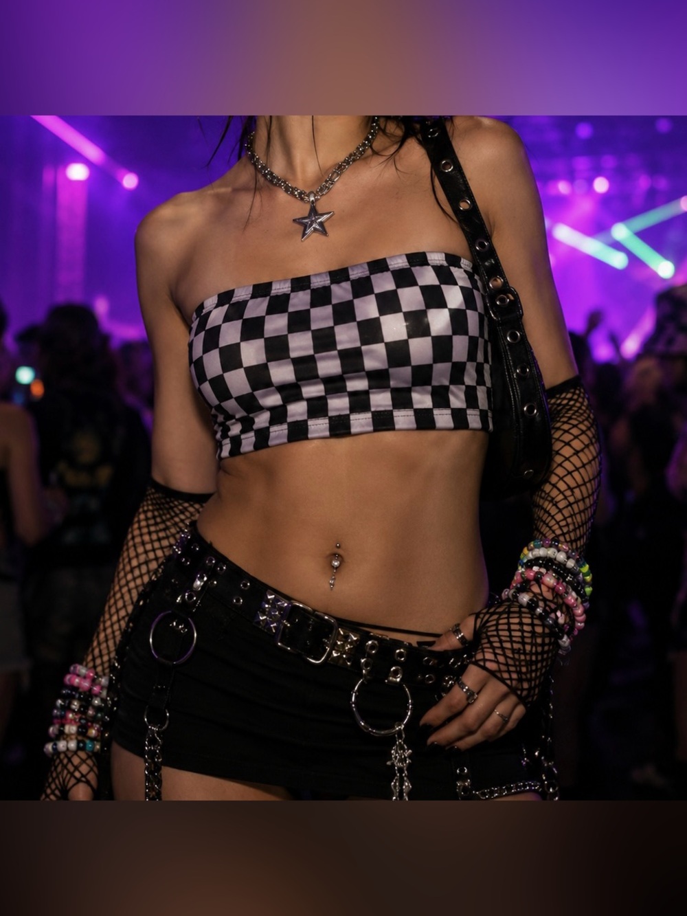 Large Women’s Checkerboard Bandeau Crop Top - Black & White